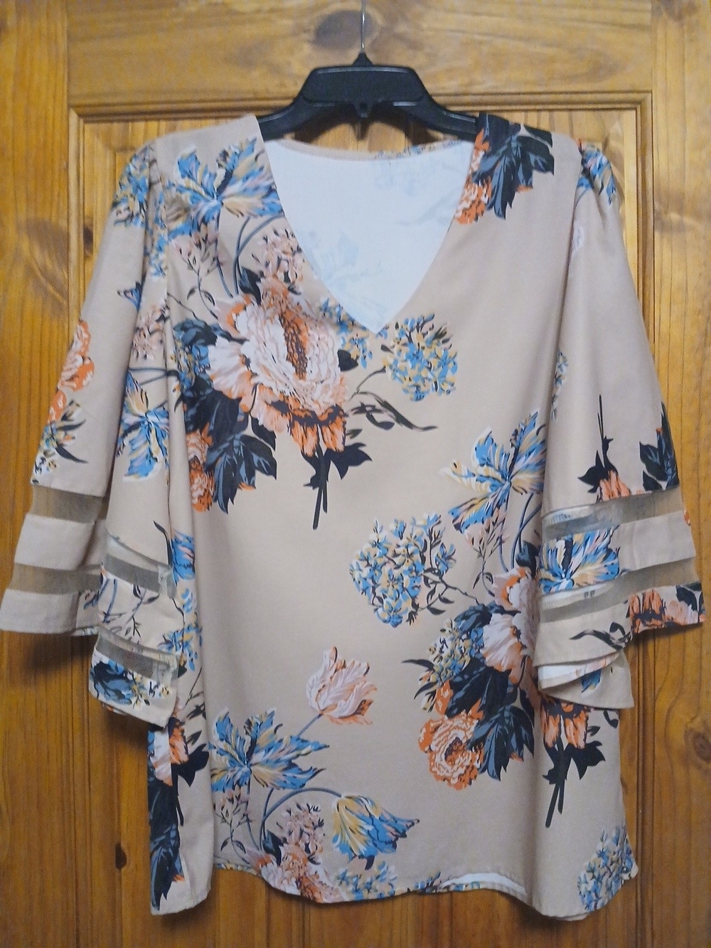 Floral V-Neck Bell Sleeve Top - Light Orange